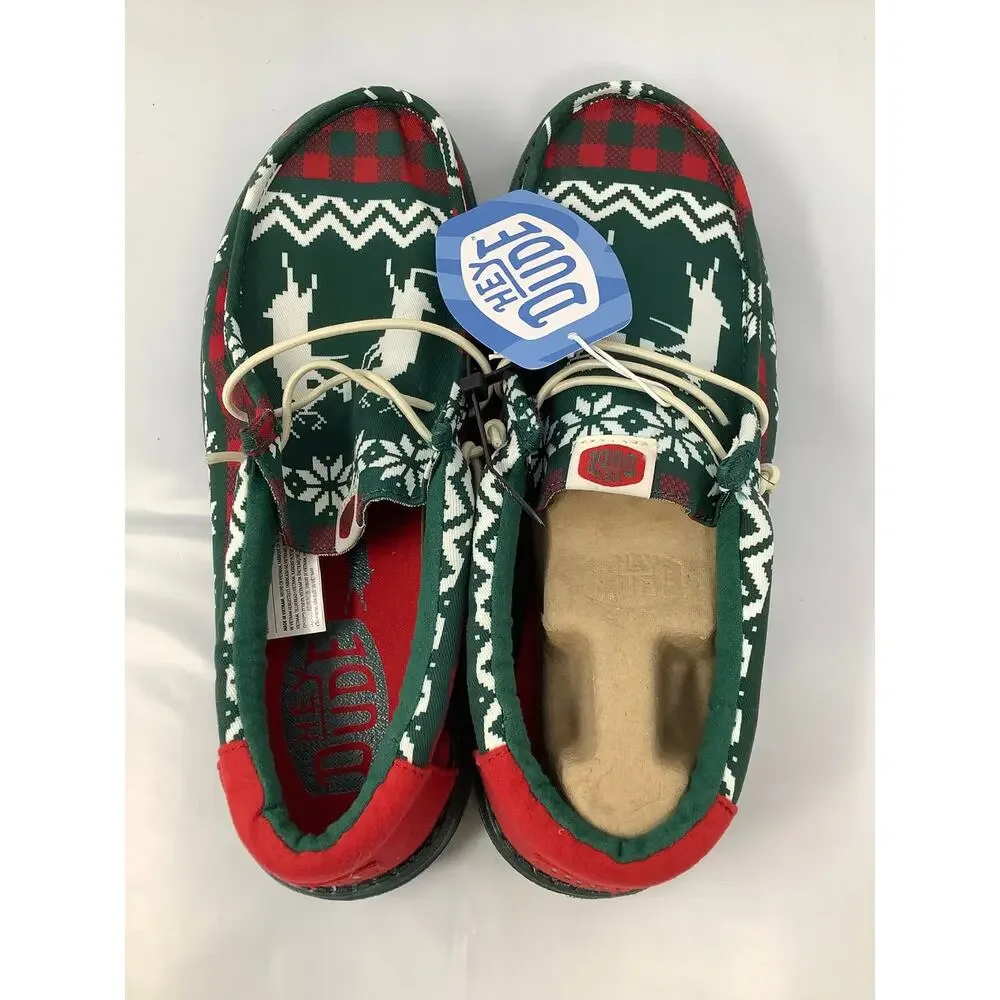 Hey Dude Men's 11 Green Red Wally Holiday Cheers Loafers Shoes Slip On OS20-23